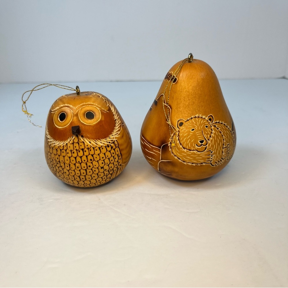 Handcrafted Owl and Bear Gourd‎ Ornaments